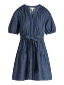 Free Assembly Women's Denim Tiered Mini Dress with Puff Sleeves, Sizes XS-XXL