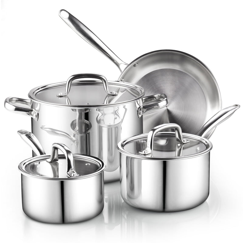 Cook N Home 7-Piece Tri-Ply Clad Stainless Steel Cookware Set, Pots and Pans Kitchen Set with Tempered Glass Lids, Induction-Ready, Dishwasher-Safe, Silver