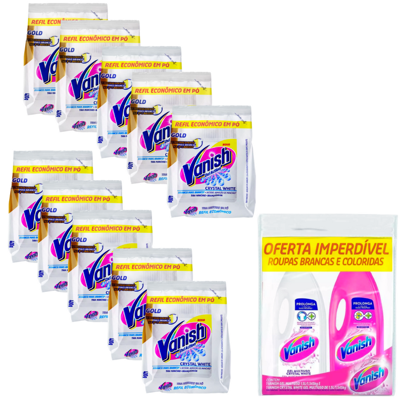 Kit 10 Tira manchas Vanish Oxi Action Crystal White Branqueador em pó 400 g + Kit Alvejante Multiuso + Branqueador Crystal White Sem Cloro Vanish 1,5l