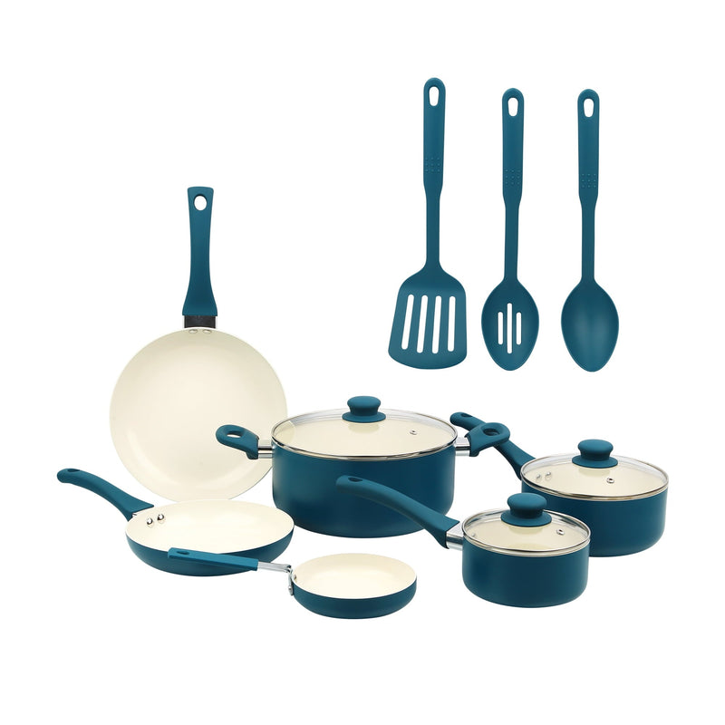 Mainstays 12 Piece Ceramic Nonstick Aluminum Pots and Pans Cookware Set, Blue