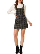 DARING DIVA Tartan Print Button Decor A-Line Pinafore Overall Dress M Navy Blue