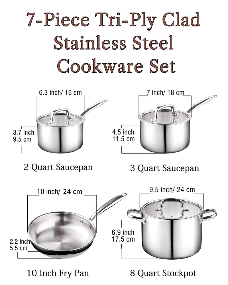 Cook N Home 7-Piece Tri-Ply Clad Stainless Steel Cookware Set, Pots and Pans Kitchen Set with Tempered Glass Lids, Induction-Ready, Dishwasher-Safe, Silver