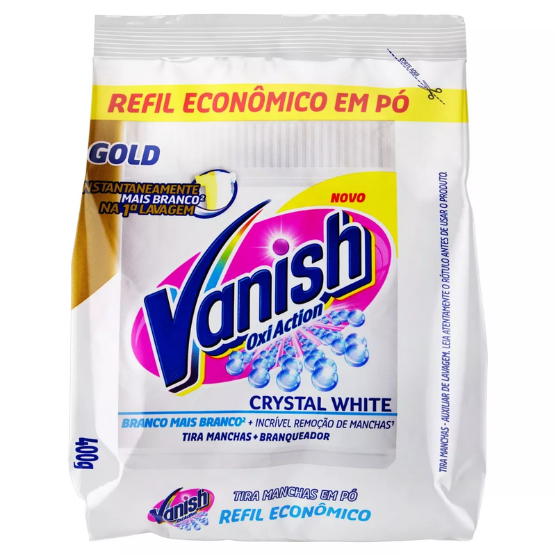 Kit 10 Tira manchas Vanish Oxi Action Crystal White Branqueador em pó 400 g + Kit Alvejante Multiuso + Branqueador Crystal White Sem Cloro Vanish 1,5l