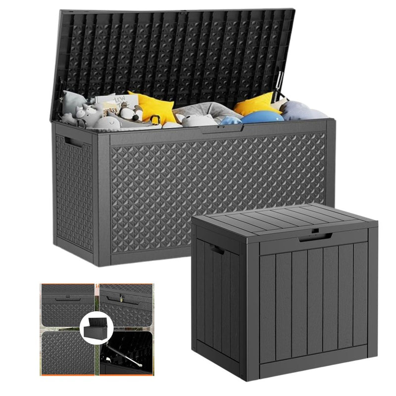 Kit com 2 Caixas de Deck Impermeáveis! –  1 de 320 galões + 1 de 30 galões -Caixa grande de armazenamento externo, móveis de pátio à prova d'água e deck de armazenamento - trancável e resistente a UV, perfeita para piscina e uso externo, resina