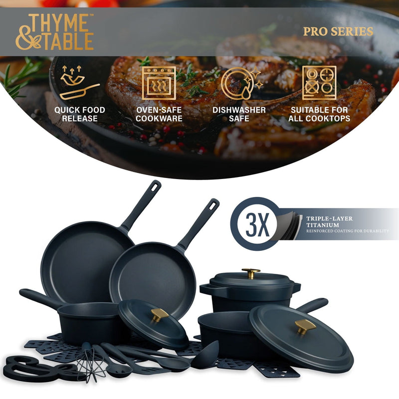 Thyme & Table 18-Piece Non-stick Diecast Cookware & Silicone Utensil Set, Pots and Pans Set - Atlantic Blue
