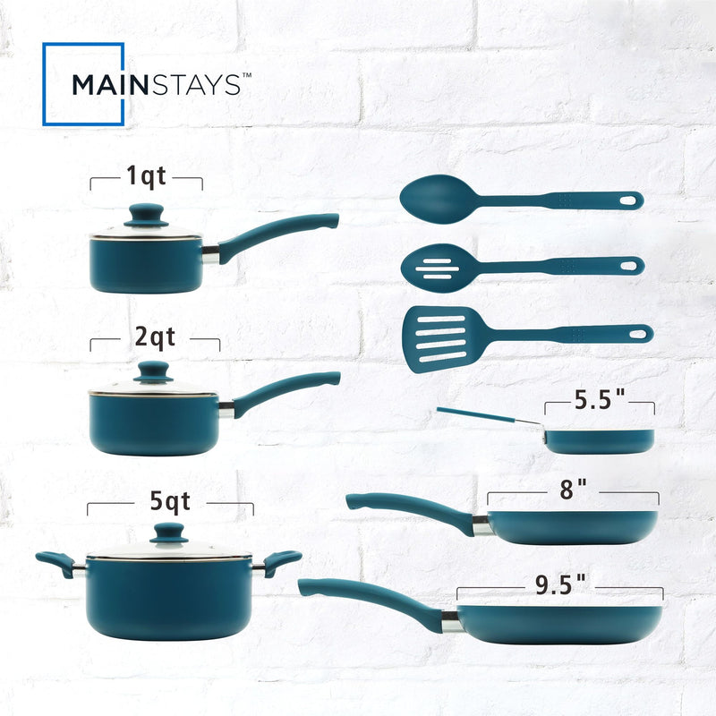 Mainstays 12 Piece Ceramic Nonstick Aluminum Pots and Pans Cookware Set, Blue