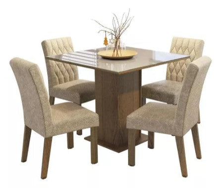 Sala Jantar Estofada Mesa Tampo Vidro 4 Cadeiras Madesa Anaju Rci Cor Rustic/Imperial MDJA0401387GSIM