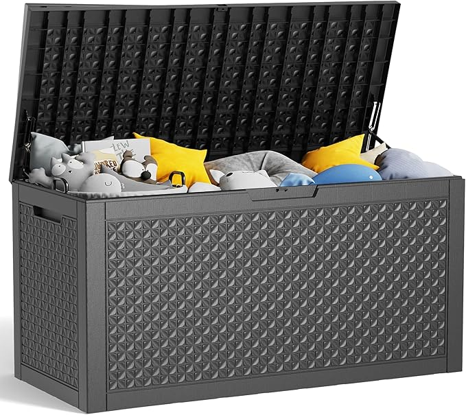 Kit com 2 Caixas de Deck Impermeáveis! –  1 de 320 galões + 1 de 30 galões -Caixa grande de armazenamento externo, móveis de pátio à prova d'água e deck de armazenamento - trancável e resistente a UV, perfeita para piscina e uso externo, resina