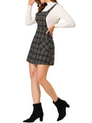 DARING DIVA Tartan Print Button Decor A-Line Pinafore Overall Dress M Navy Blue