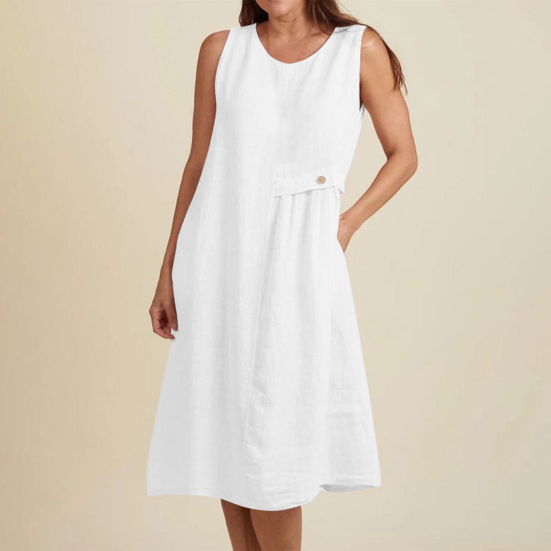SMihono Womens Summer Dresses Lightweight Loose Crewneck Sleeveless Comfy Cotton Linen Dress Solid Flowy Midi Beach Dress White L