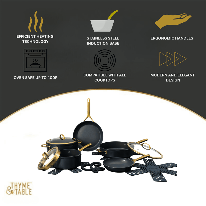 Conjunto de panelas antiaderentes de 12 peças da coleção Supreme da Thyme & Table, conjunto de panelas e frigideiras - Azul Atlântico