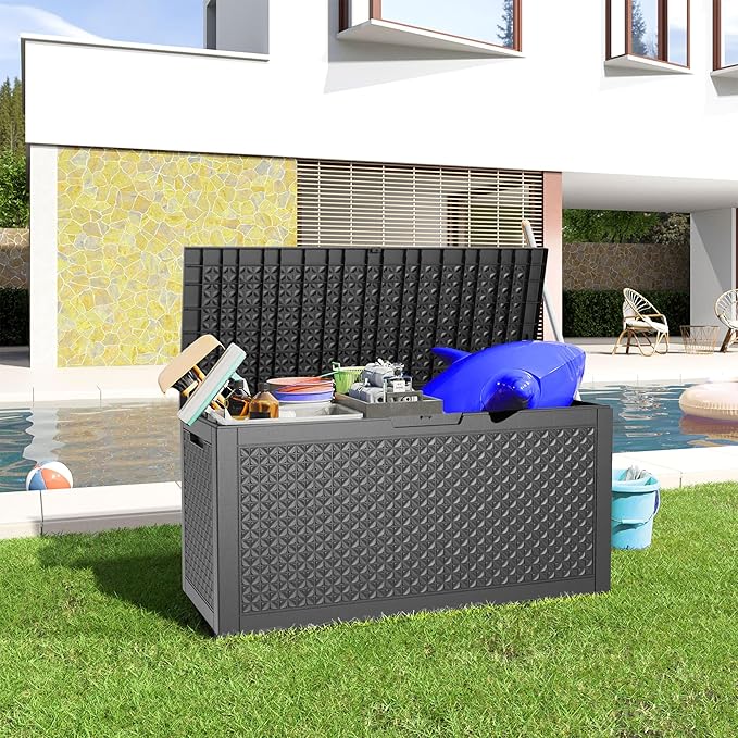 Kit com 2 Caixas de Deck Impermeáveis! –  1 de 320 galões + 1 de 30 galões -Caixa grande de armazenamento externo, móveis de pátio à prova d'água e deck de armazenamento - trancável e resistente a UV, perfeita para piscina e uso externo, resina