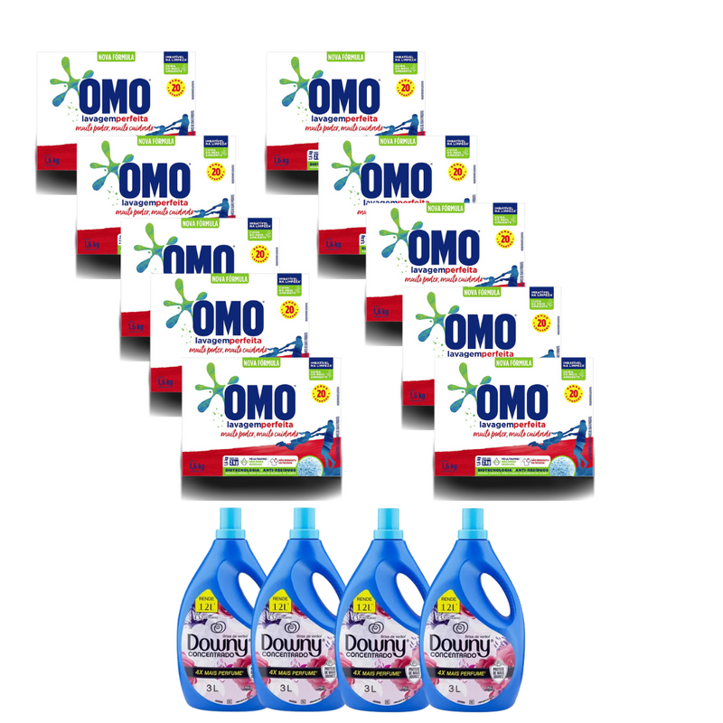 Kit 10 Caixas de sabão Omo Em Pó - 800g Lavagem Perfeita + 4 Amaciante Downy Brisa de verão em galão 3 L