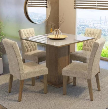 Sala Jantar Estofada Mesa Tampo Vidro 4 Cadeiras Madesa Anaju Rci Cor Rustic/Imperial MDJA0401387GSIM