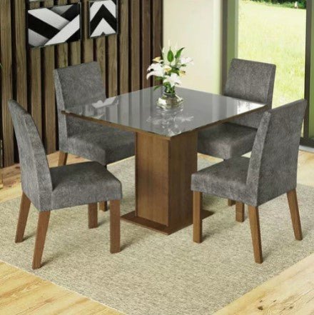 Sala Jantar Estofada Mesa Tampo Vidro 4 Cadeiras Madesa Anaju Rci Cor Rustic/Imperial MDJA0401387GSIM