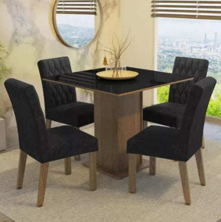 Sala Jantar Estofada Mesa Tampo Vidro 4 Cadeiras Madesa Anaju Rci Cor Rustic/Imperial MDJA0401387GSIM