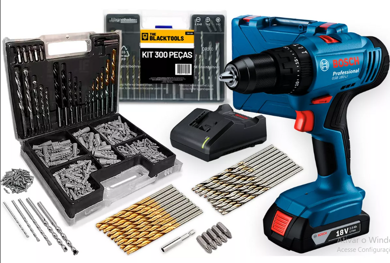 Parafusadeira E Furadeira De Impacto Bosch A Bateria 18v Maleta - Gsb 183-li Com Kit Brocas Buchas E Bits 300 Peças