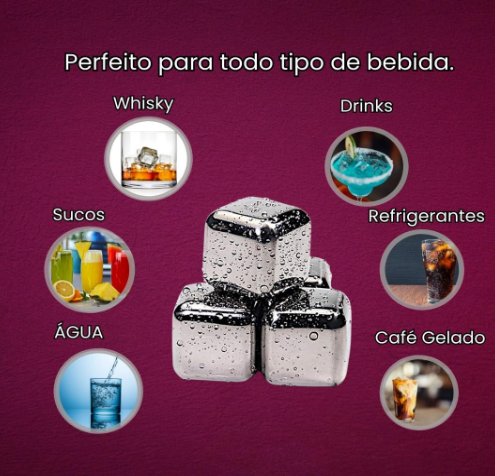 Kit 8 Cubos de Gelo Artificial em Aço Inox Reutilizável Com Pegador Drinks Whisky