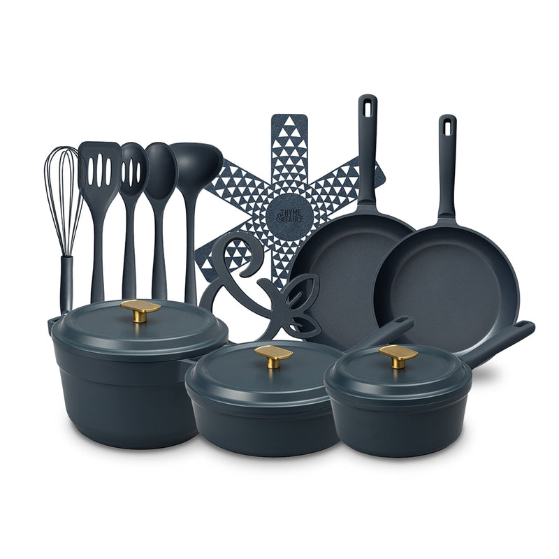 Thyme & Table 18-Piece Non-stick Diecast Cookware & Silicone Utensil Set, Pots and Pans Set - Atlantic Blue