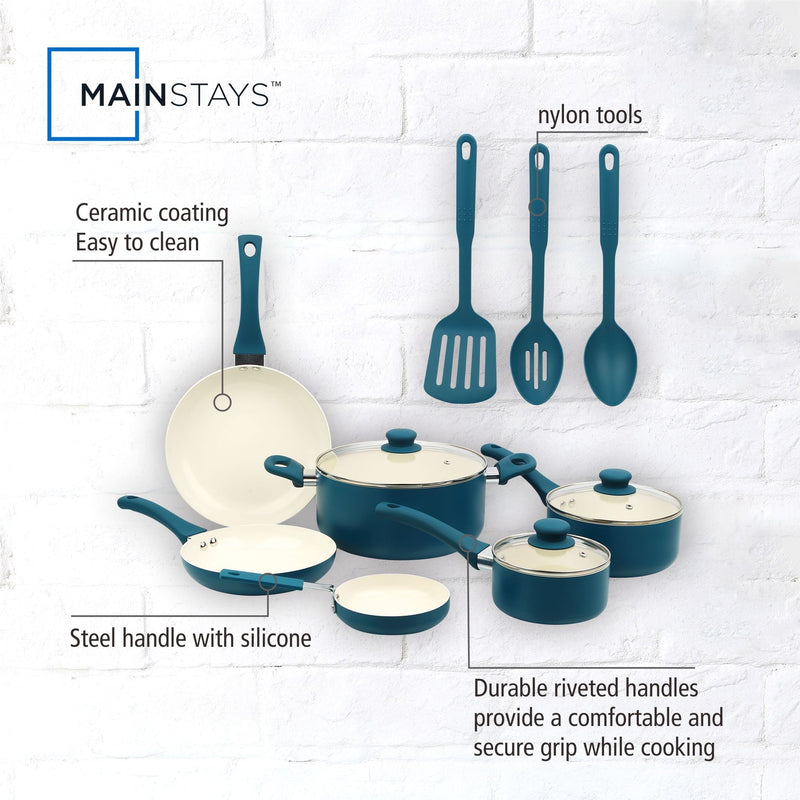 Mainstays 12 Piece Ceramic Nonstick Aluminum Pots and Pans Cookware Set, Blue