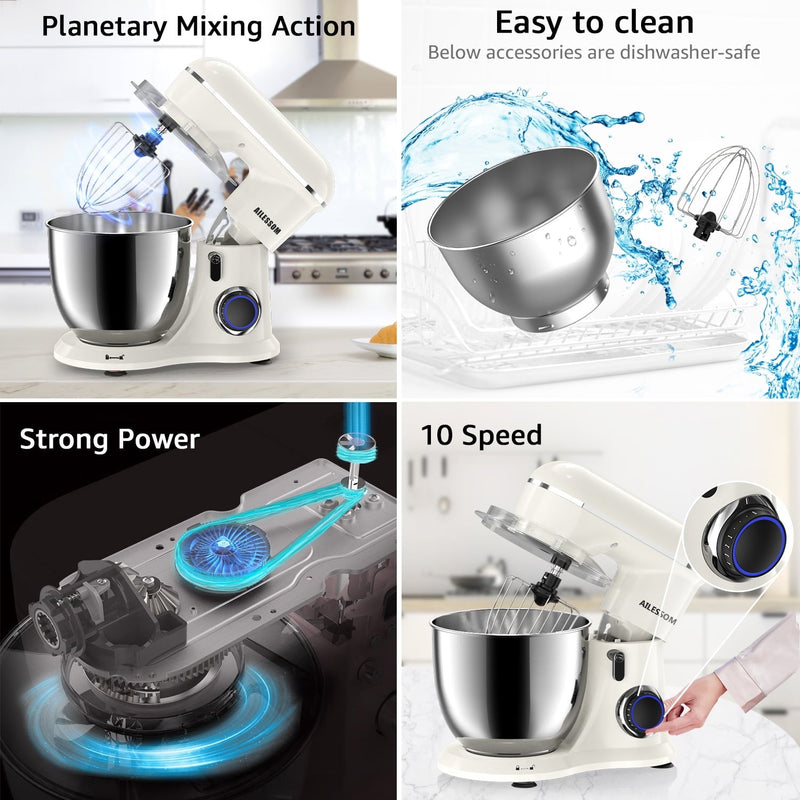 Ailessom New Stand Mixer,6.5-QT 10-Speed Tilt-Head Kitchen Electric Mixer with Bowl, Dough Hook, Beater, Whisk for Most Home Cooks,(Almond Cream)