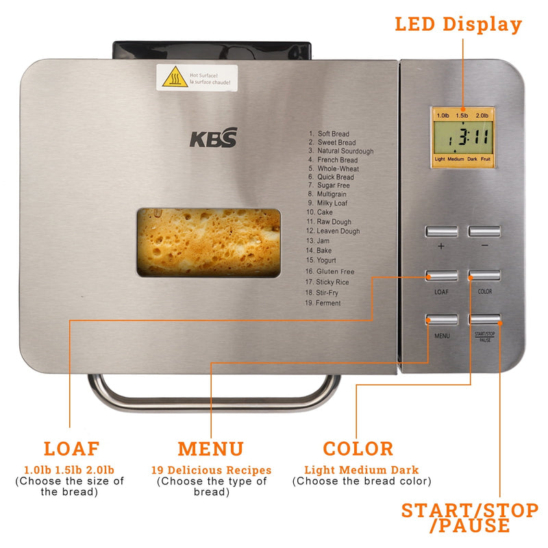 KBS 19-in-1 2LB Bread Maker Machine Fully Automatic LCD Display，Stainless Steel Model