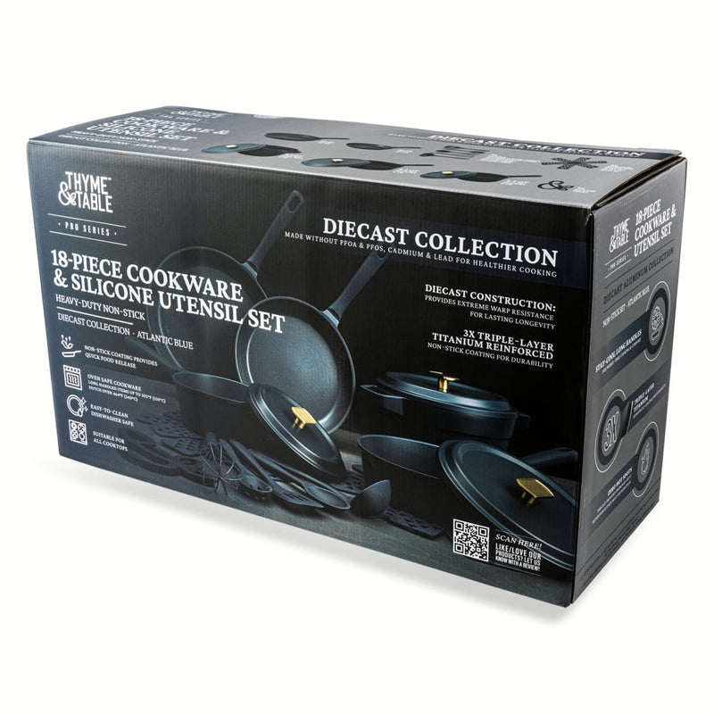 Thyme & Table 18-Piece Non-stick Diecast Cookware & Silicone Utensil Set, Pots and Pans Set - Atlantic Blue