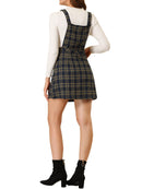 DARING DIVA Tartan Print Button Decor A-Line Pinafore Overall Dress M Navy Blue