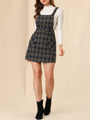 DARING DIVA Tartan Print Button Decor A-Line Pinafore Overall Dress M Navy Blue