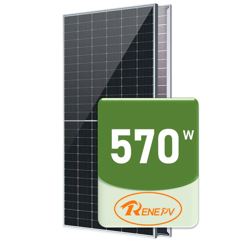 placa solar monocristalina Bifacial de 570W Renepev gera corrente de 10,58A (Imp) e tensão de 40,31V (Vmp), gera potência de até 684W, tensão de 43,4V (Vmp) e corrente de 13,68A (Imp