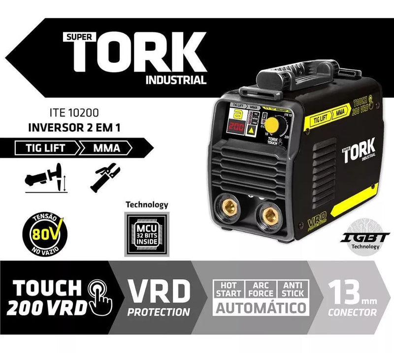 Máquina De Solda Inversora Tig Mma Touch 200 Amp Vrd Tork + Mascara De Solda Automática 4k Ton. 9-13 Tork