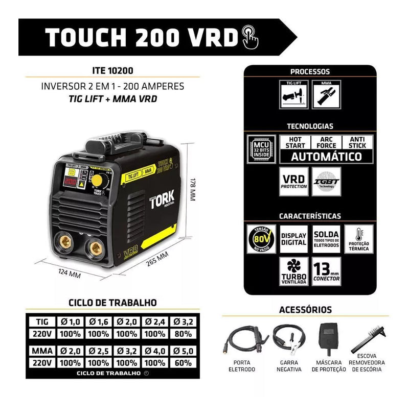 Máquina De Solda Inversora Tig Mma Touch 200 Amp Vrd Tork + Mascara De Solda Automática 4k Ton. 9-13 Tork